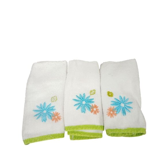 White Cotton Hand Towels With Blue Orange Floral Embroidery Green Polka Dot Trim - Picture 1 of 6